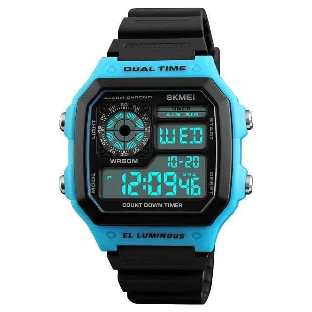 Blue and black SKMEI digital sports watch with dual time, countdown timer, and alarm features