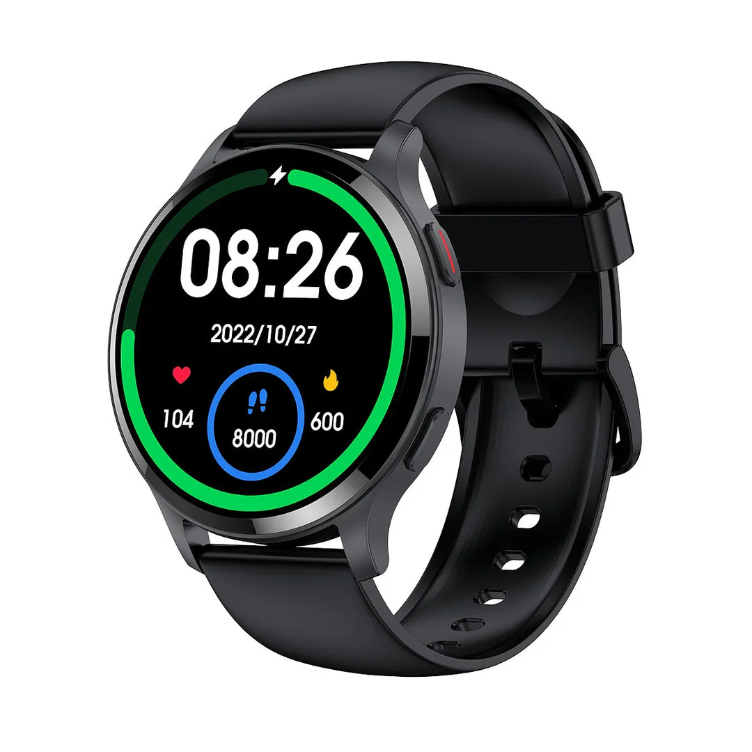 Black fitness smartwatch with round display showing time, date, heart rate, calories, and steps
