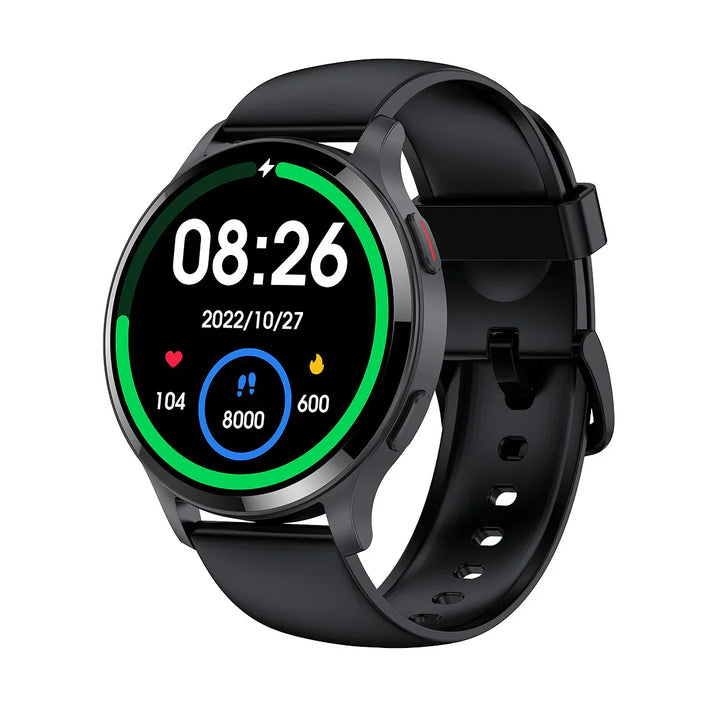 Black fitness smartwatch with round display showing time, date, heart rate, calories, and steps