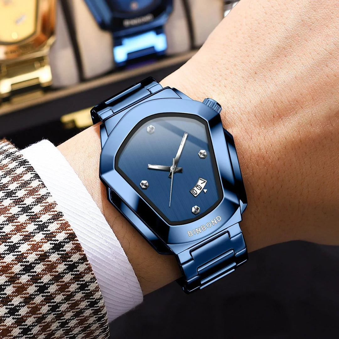 Men's stylish blue metallic wristwatch with hexagonal dial and date display on wrist
