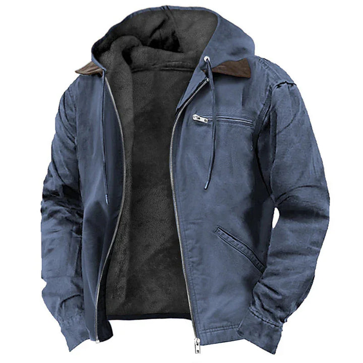 Men's blue winter jacket with soft black fleece lining and zippered front hoodie