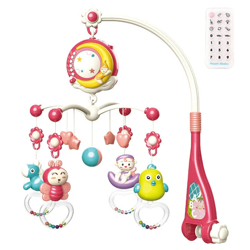 Colorful baby crib mobile with hanging toys including a butterfly, chick, and baby figure, with remote control