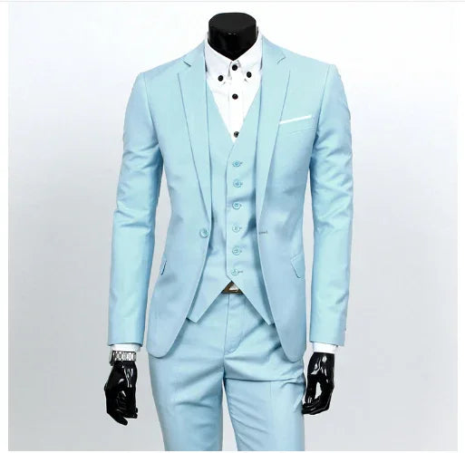 Light blue three-piece formal suit with white dress shirt on black mannequin