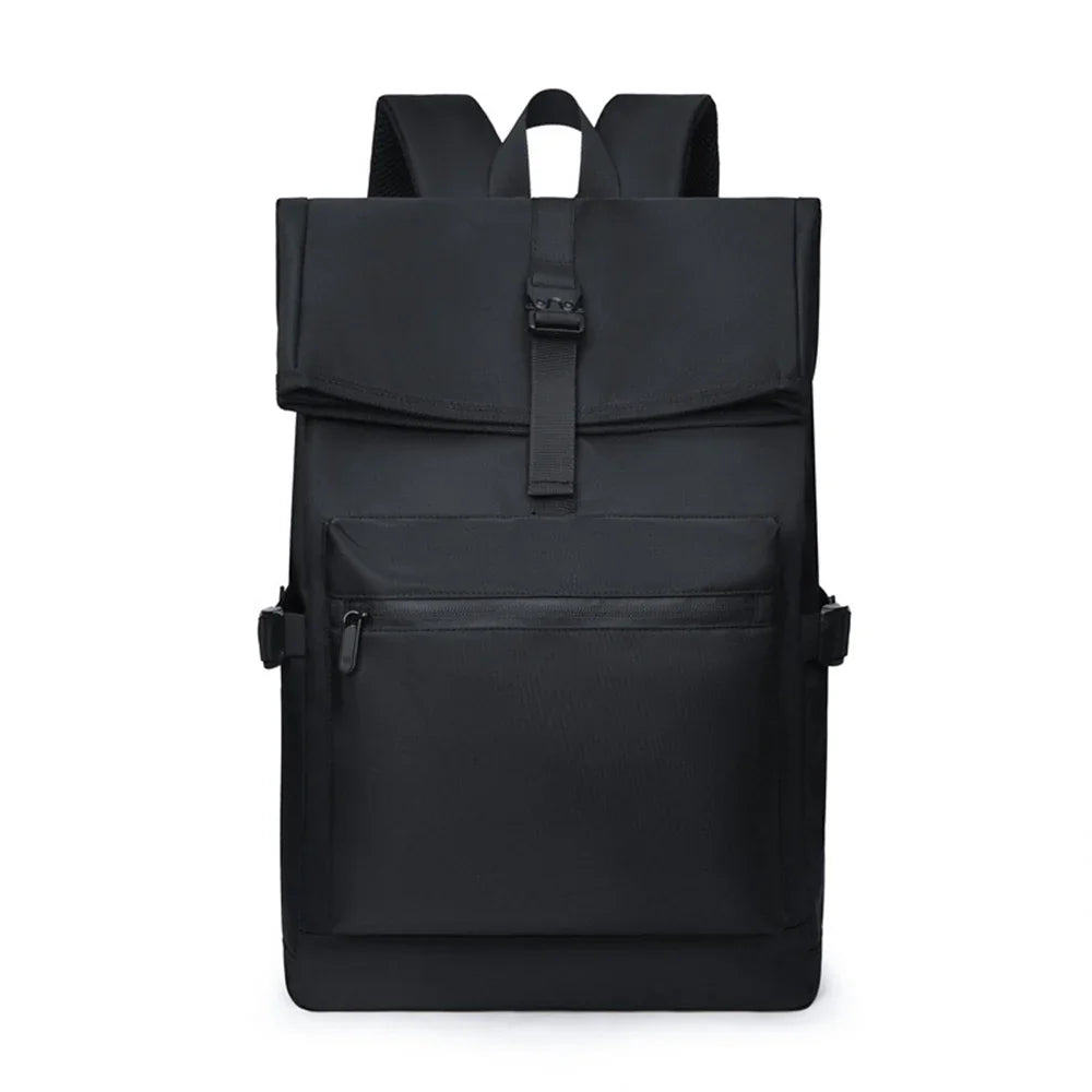 Minimalist black roll-top backpack with front zip pocket and adjustable straps