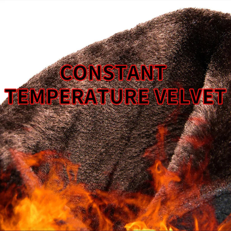 Brown velvet fabric labeled constant temperature velvet with flames to indicate heat retention