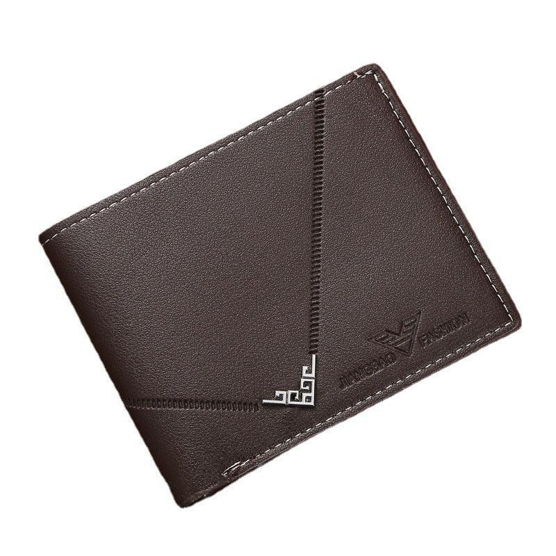 brown leather men's bi-fold wallet with embossed logo and decorative metal corner detail