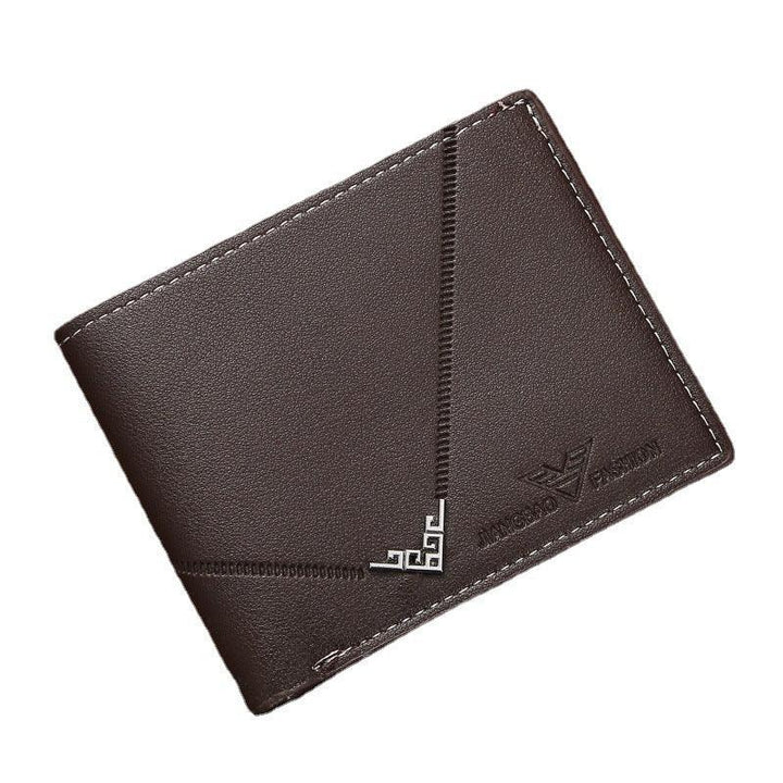 brown leather men's bi-fold wallet with embossed logo and decorative metal corner detail