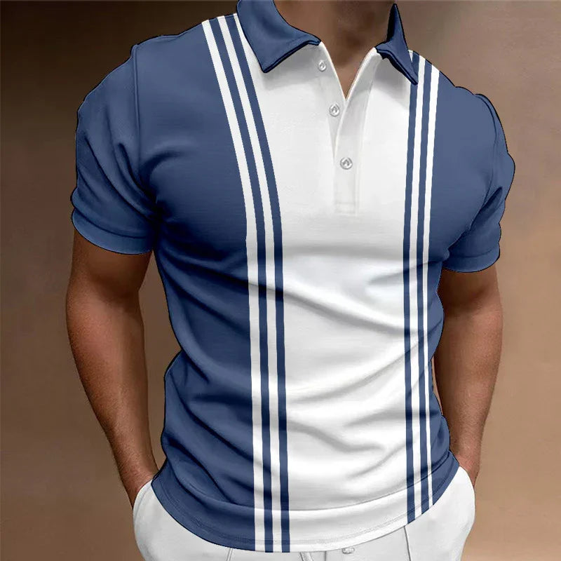 Men's slim fit polo shirt with blue and white vertical stripes and button-up collar