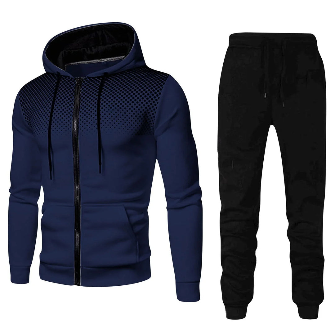 Navy blue zip-up hoodie with black dotted pattern and black drawstring jogger pants
