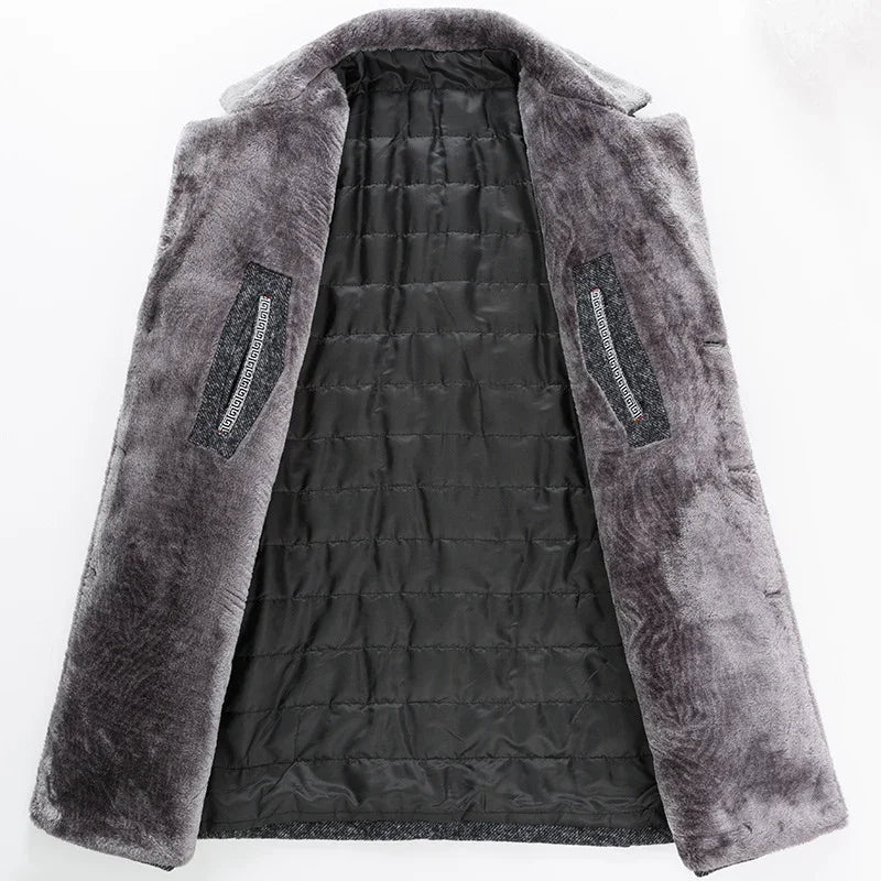 Gray faux fur winter coat with quilted black inner lining and patterned interior pockets