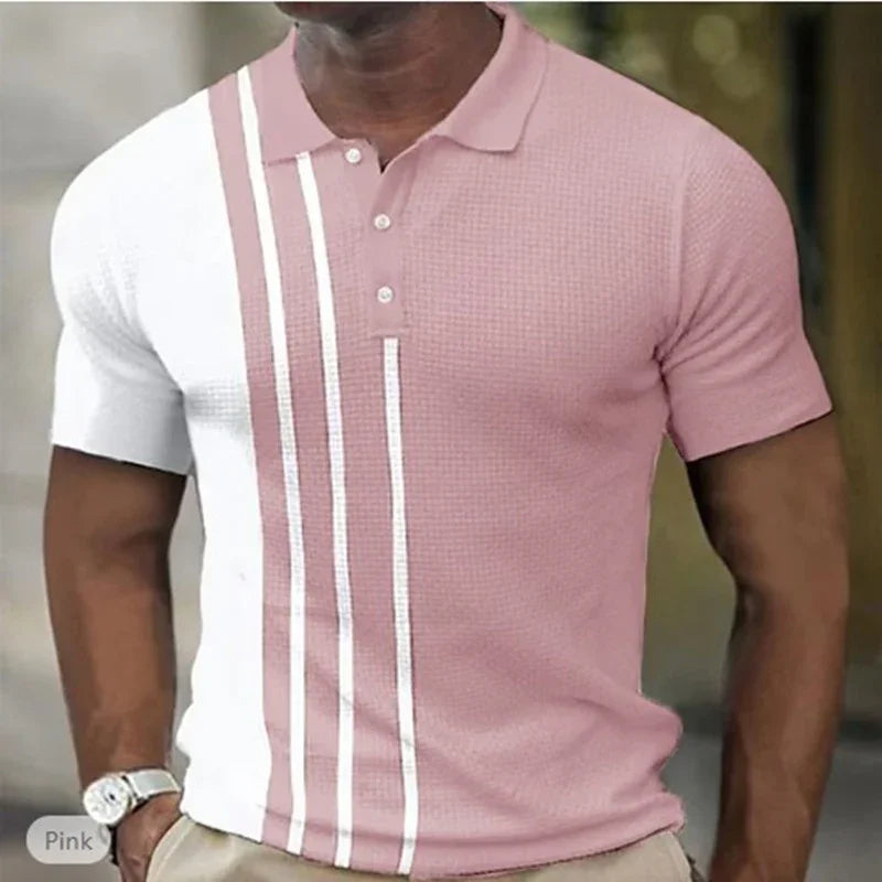 Men's short sleeve polo shirt in pink and white with vertical stripes and button collar