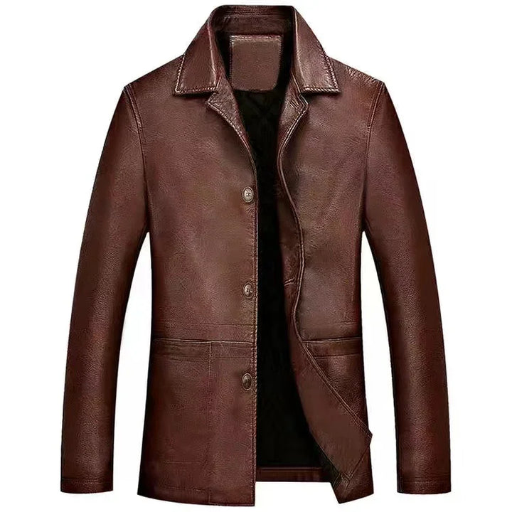 Brown leather men's jacket with buttons and collar, classic style outerwear