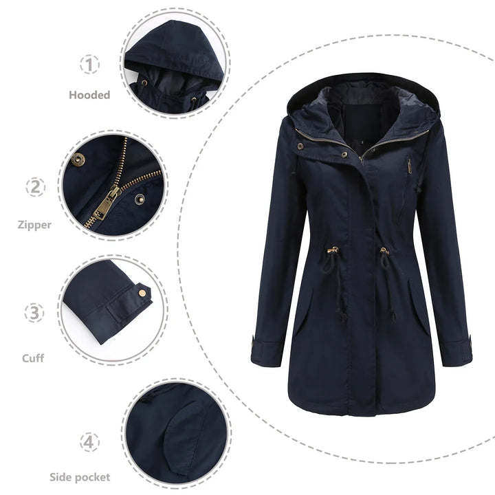Navy hooded women's jacket with zipper, cuffed sleeves, side pockets, and adjustable drawstrings