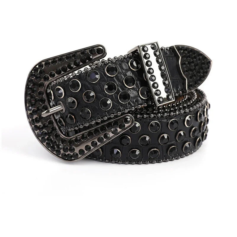 Black leather belt adorned with black studs and matching studded black buckle