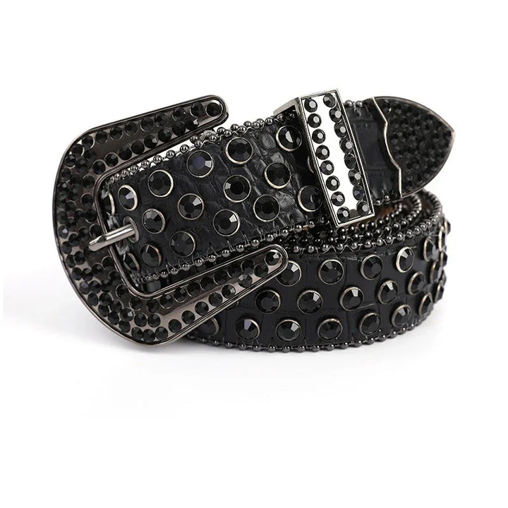 Black leather belt adorned with black studs and matching studded black buckle