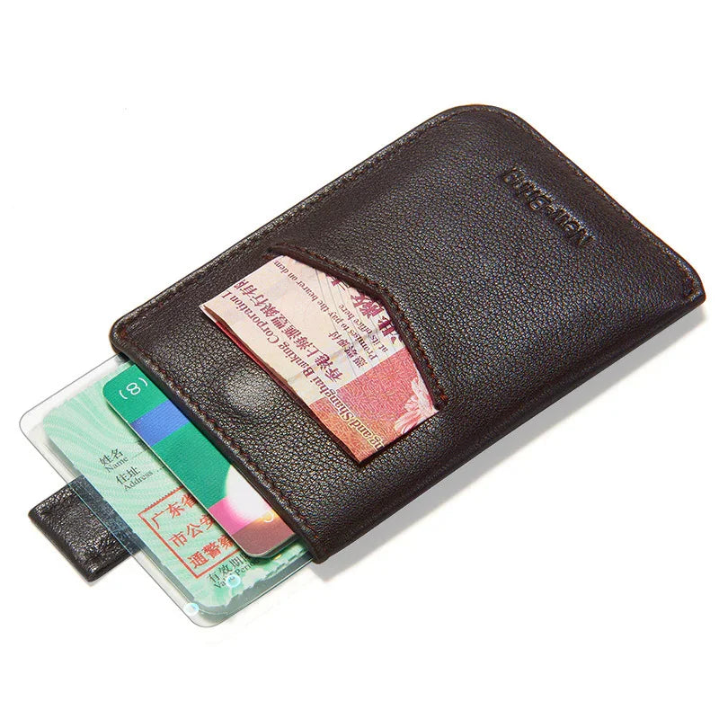 Dark brown leather card holder wallet with cash and multiple cards in pockets