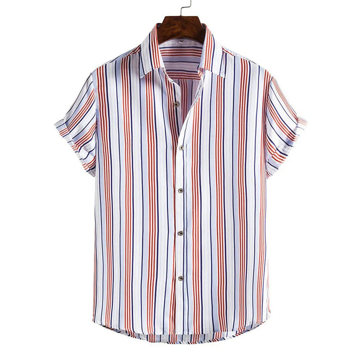 Men's short sleeve button-up shirt with vertical red, blue, and white stripes