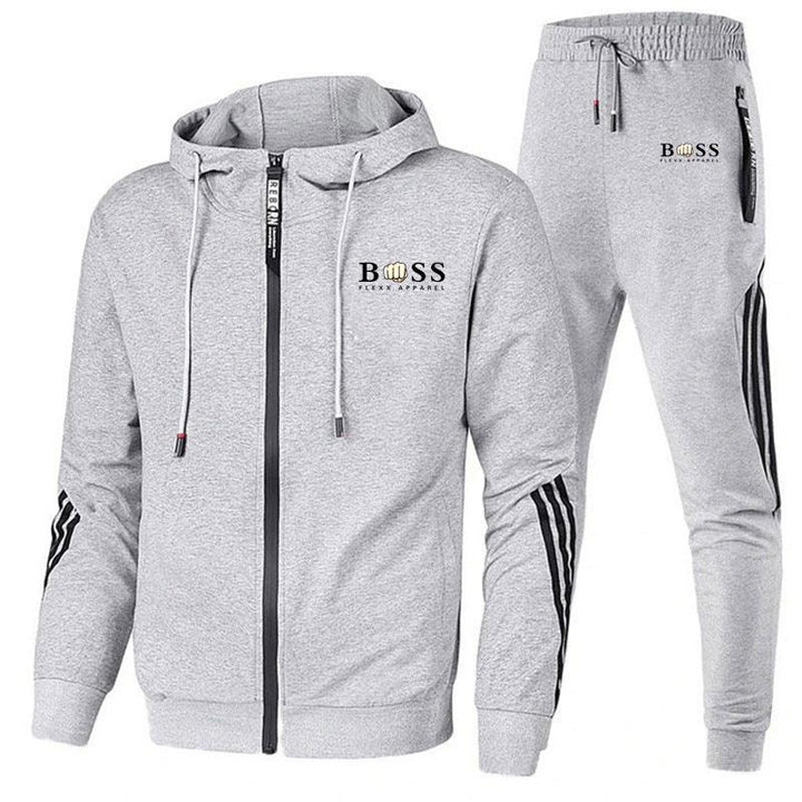 Grey BOSS Flexx Apparel hooded zip jacket and matching jogger pants with black stripes