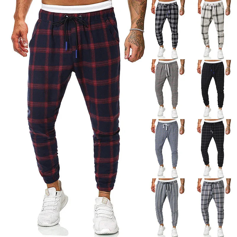 Men's casual plaid jogger pants in various colors with drawstring waist and cuffed ankles