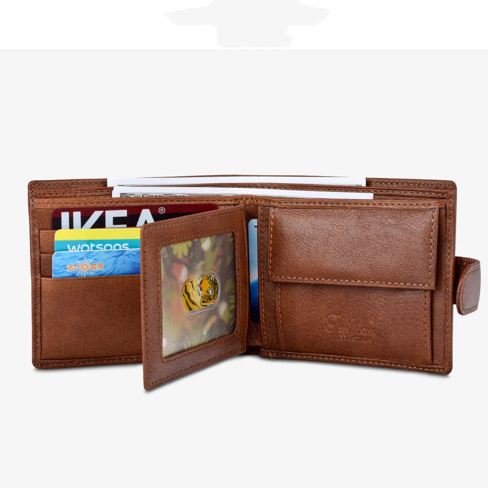 Brown leather wallet with multiple card slots, transparent ID window, and a snap coin pocket