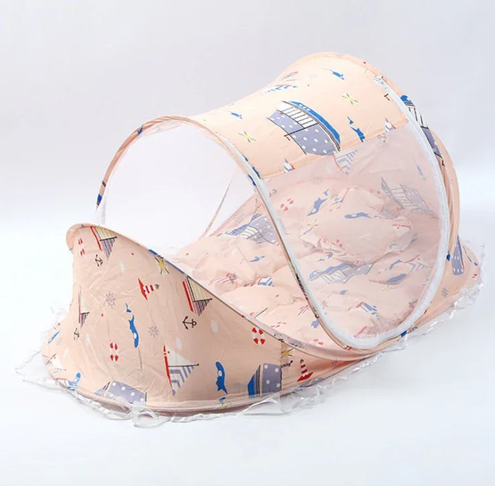 Portable baby mosquito net with coastal pattern and transparent mesh for insect protection