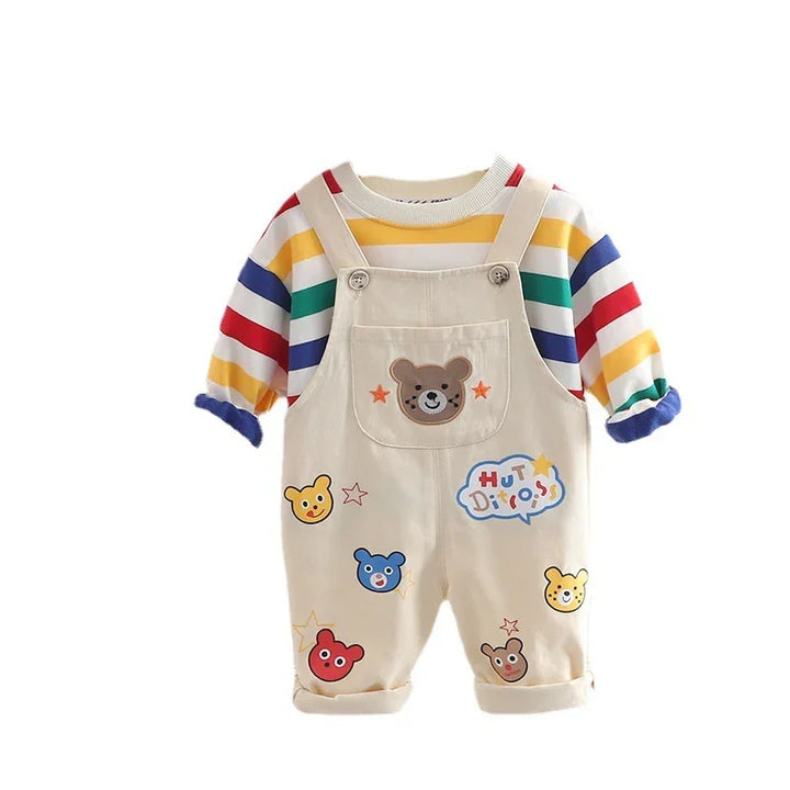Cute baby overalls with colorful bear prints and striped long-sleeve shirt in red, yellow, blue