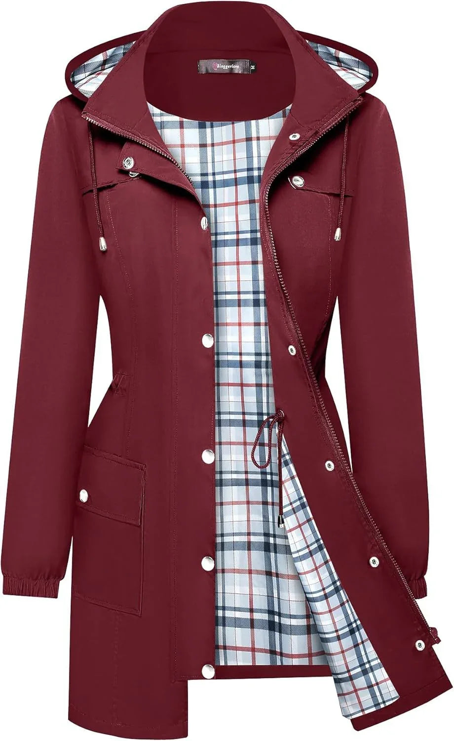 Burgundy hooded raincoat with blue and red plaid lining, front zipper and snap buttons
