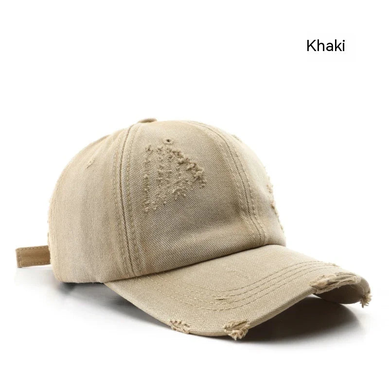Khaki distressed cotton baseball cap with curved brim and adjustable strap