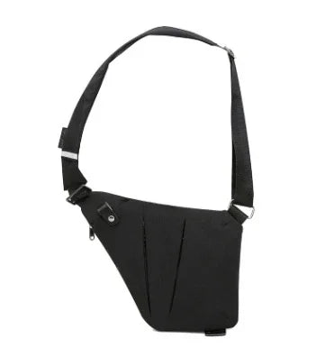 Black asymmetrical crossbody sling bag with adjustable strap and zipper pocket