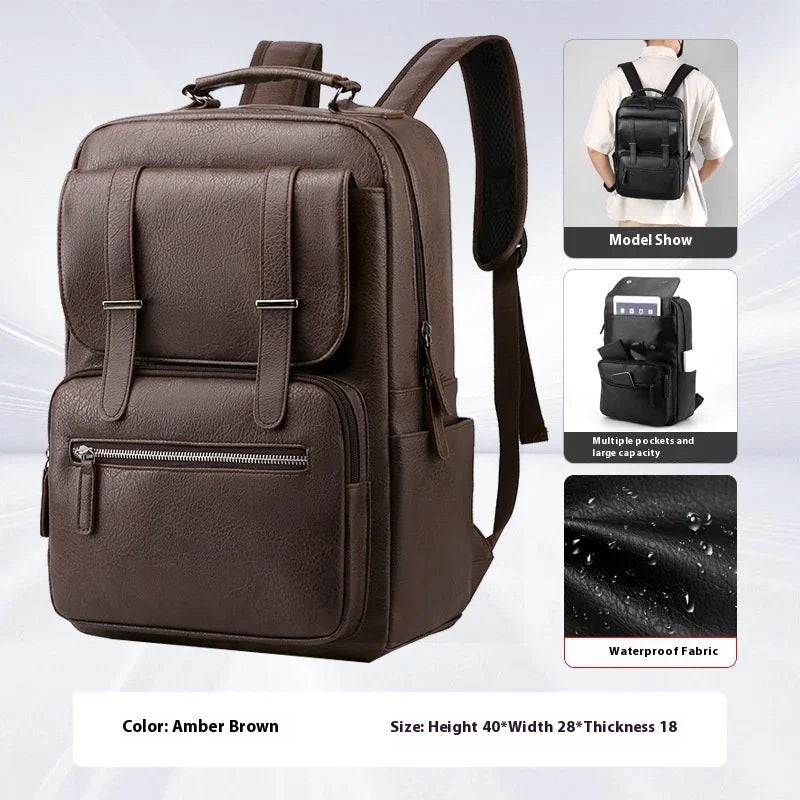 Amber brown waterproof leather backpack with multiple pockets, adjustable straps, and zipper closures