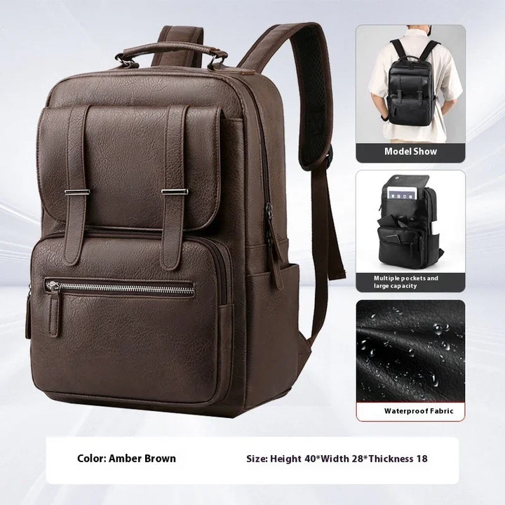 Amber brown waterproof leather backpack with multiple pockets, adjustable straps, and zipper closures