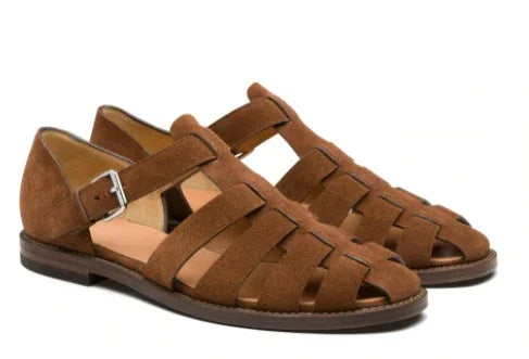 Brown suede men's fisherman sandals with buckle strap and closed heel on white background