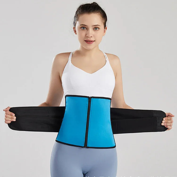 Woman wearing blue waist trainer corset with black adjustable straps, white sports bra, gray leggings