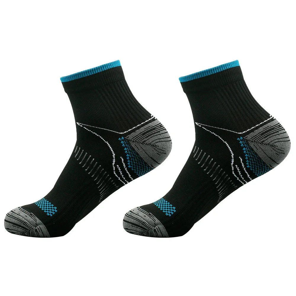 Pair of black athletic ankle socks with blue and grey accents, cushioned heel and toe design