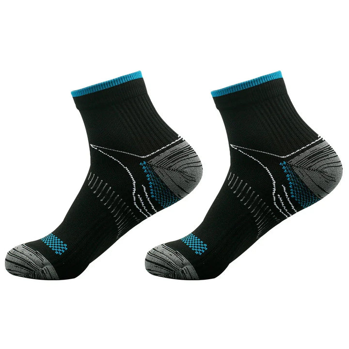 Pair of black athletic ankle socks with blue and grey accents, cushioned heel and toe design