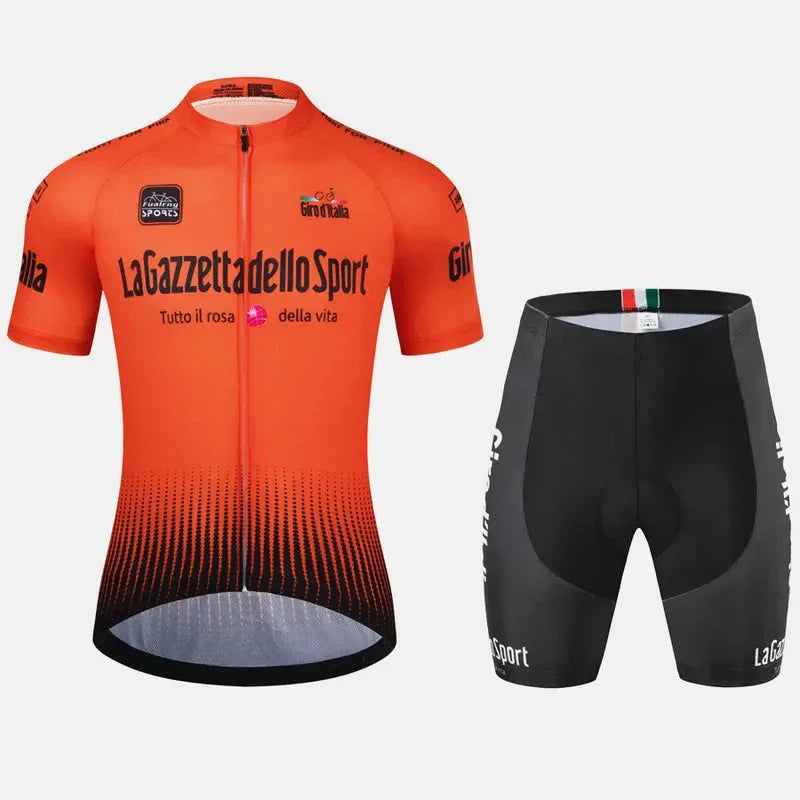 Giro d'Italia orange cycling jersey and black shorts set with La Gazzetta dello Sport logos