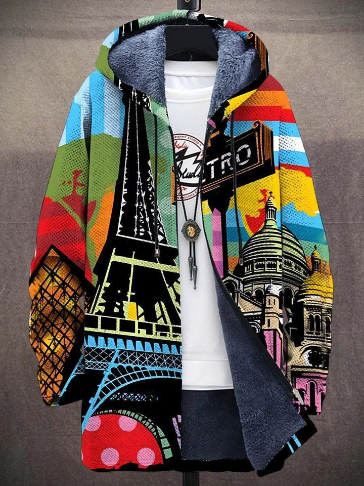 Colorful Paris-themed hoodie with Eiffel Tower, Sacré-Cœur, and street sign graphic, soft blue lining