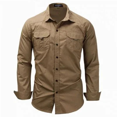 Men's long sleeve khaki button-up shirt with two chest pockets and foldable cuffs