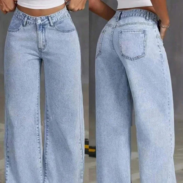 Light blue high-waisted wide-leg jeans on female model, front and back views