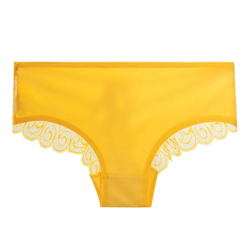Yellow women's underwear with lace trim detailing on hip edges