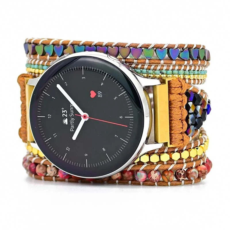 Smartwatch with round black dial and multicolor beaded wrap bracelet strap displaying partly sunny weather and heart rate