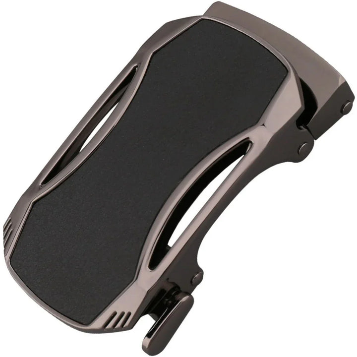 sleek black and gunmetal gray automatic men's belt buckle with modern design