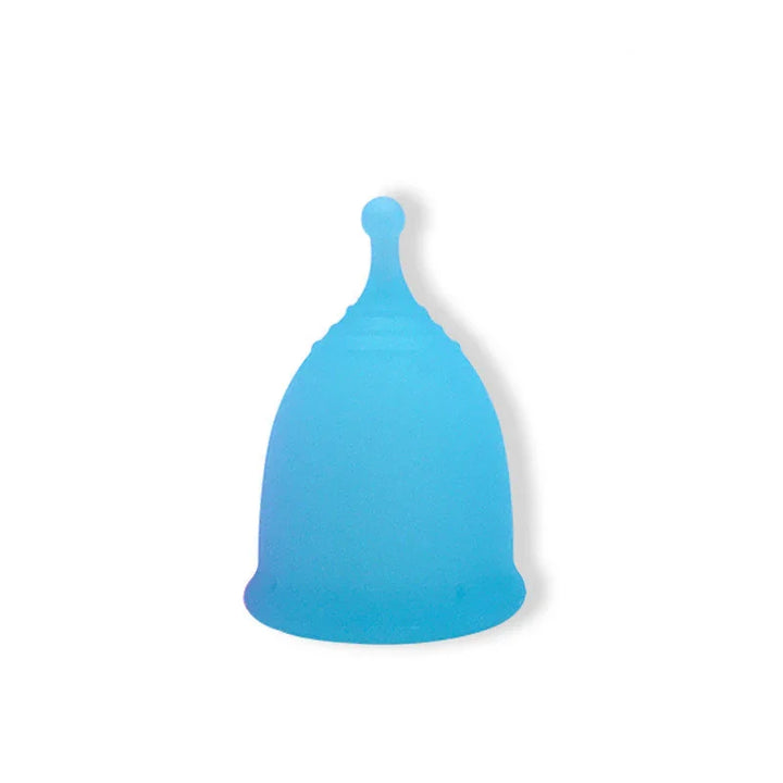 Blue silicone menstrual cup with a rounded body and a tapered tip on white background