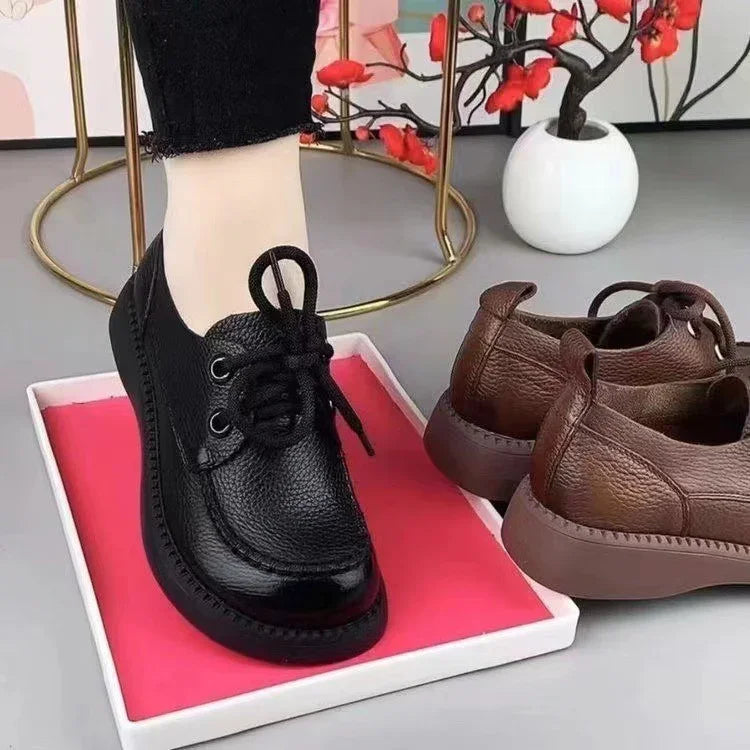 Black leather lace-up casual shoe on foot with brown leather pair beside, displayed on pink tray