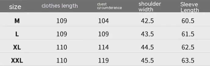 Size chart for clothing with measurements for M, L, XL, XXL including length, chest, shoulder width, and sleeve length