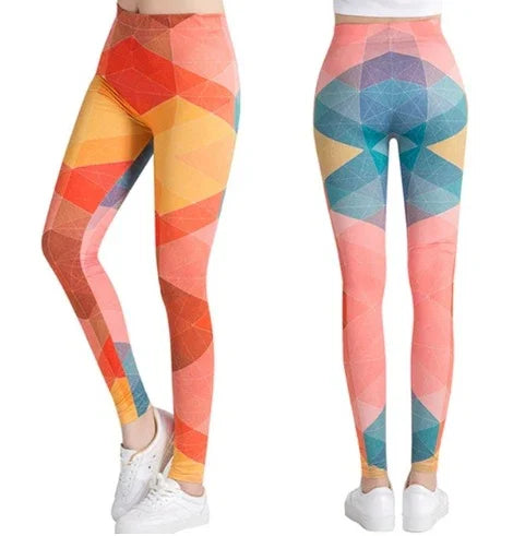 Women's colorful geometric patterned leggings in orange, red, blue, and pink, shown from front and back