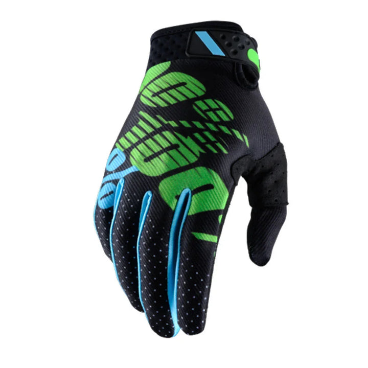 Black sports glove with green and blue design, breathable fabric and perforated fingers