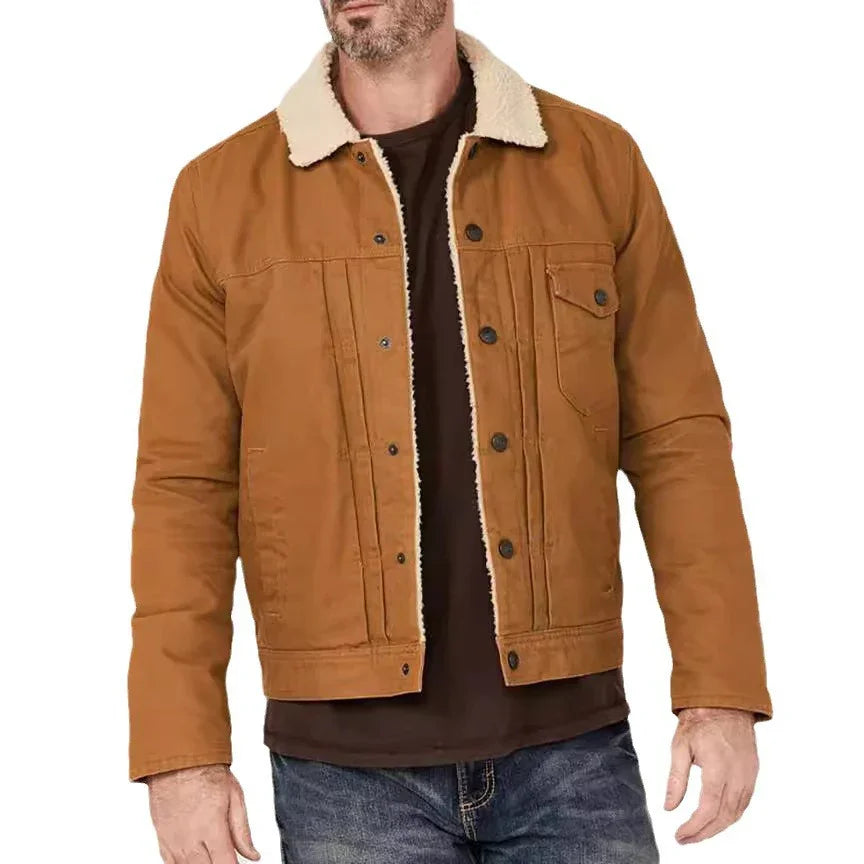 Men's brown canvas jacket with white sherpa collar and button closure, styled casual