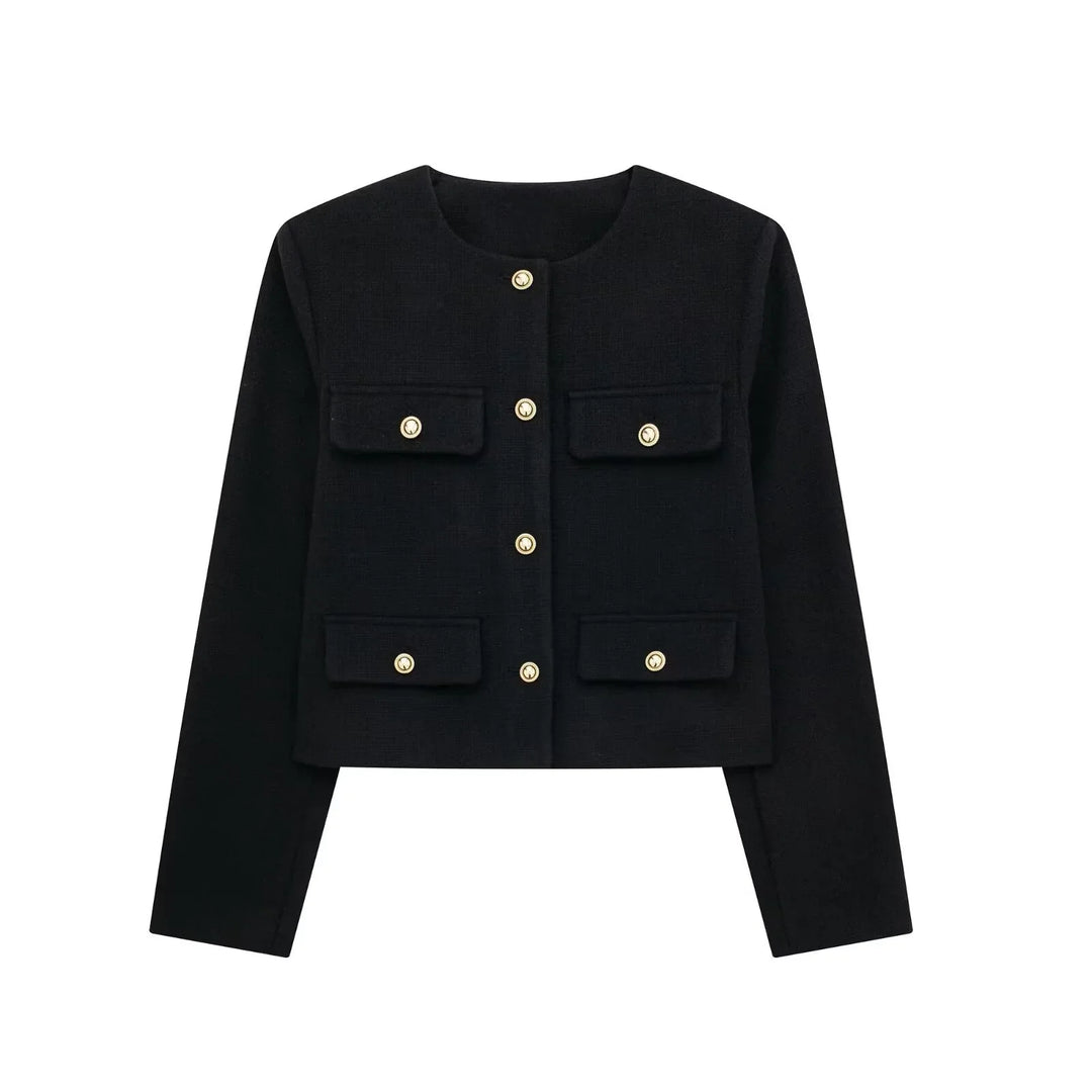 Elegant black cropped jacket with gold buttons and four flap pockets