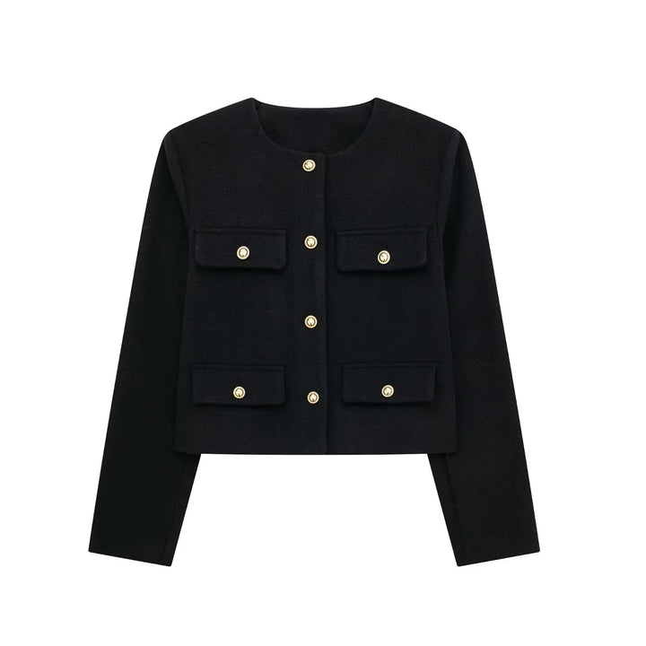 Elegant black cropped jacket with gold buttons and four flap pockets